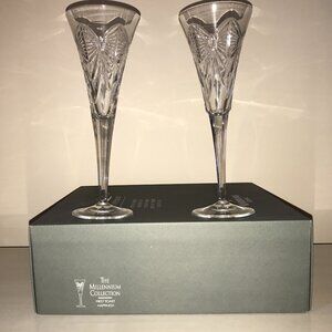 🍷Waterford Crystal Millennium Collection – “Happiness” Toast Flute Pair (2000)